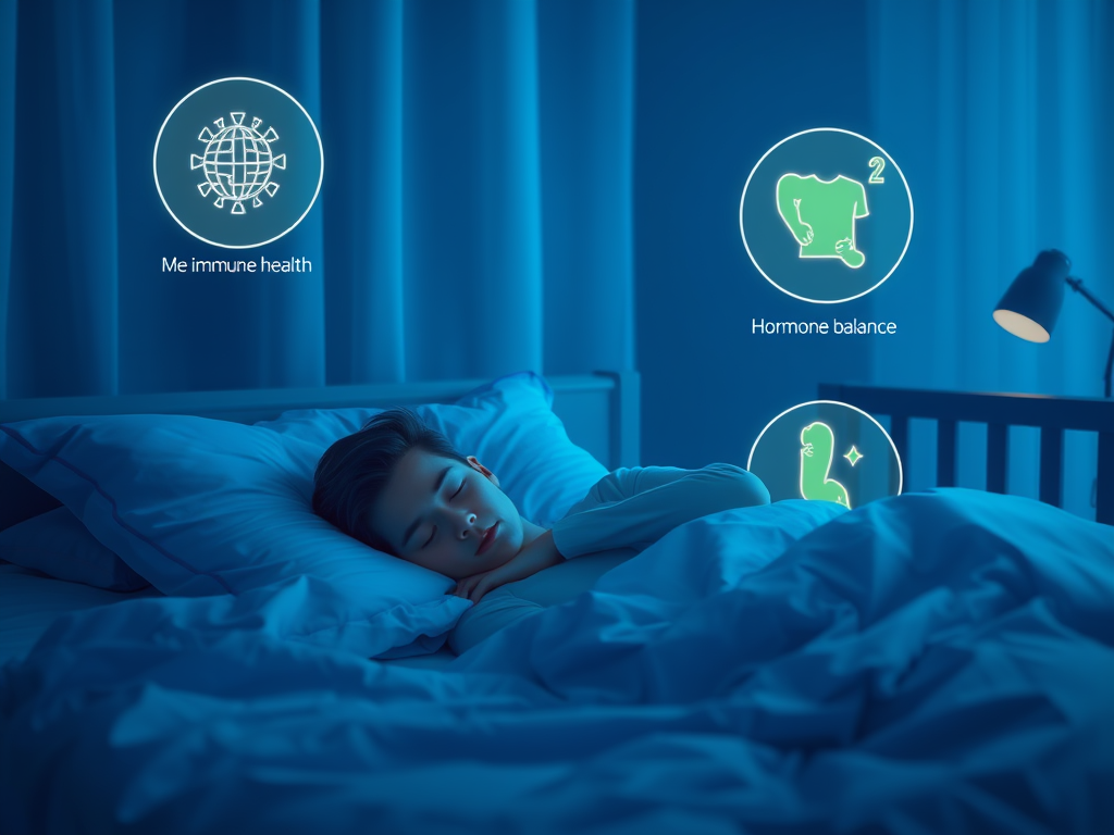 A serene bedroom scene at night with soft blue, green, and purple hues, showing a peaceful person sleeping, surrounded by gentle glowing icons representing immune health, muscle recovery, and hormone balance.