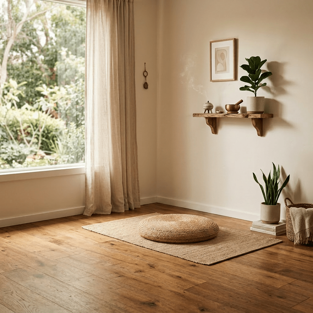 Woman sitting cross-legged on a cushion meditating in a bright room with plants and wooden floor